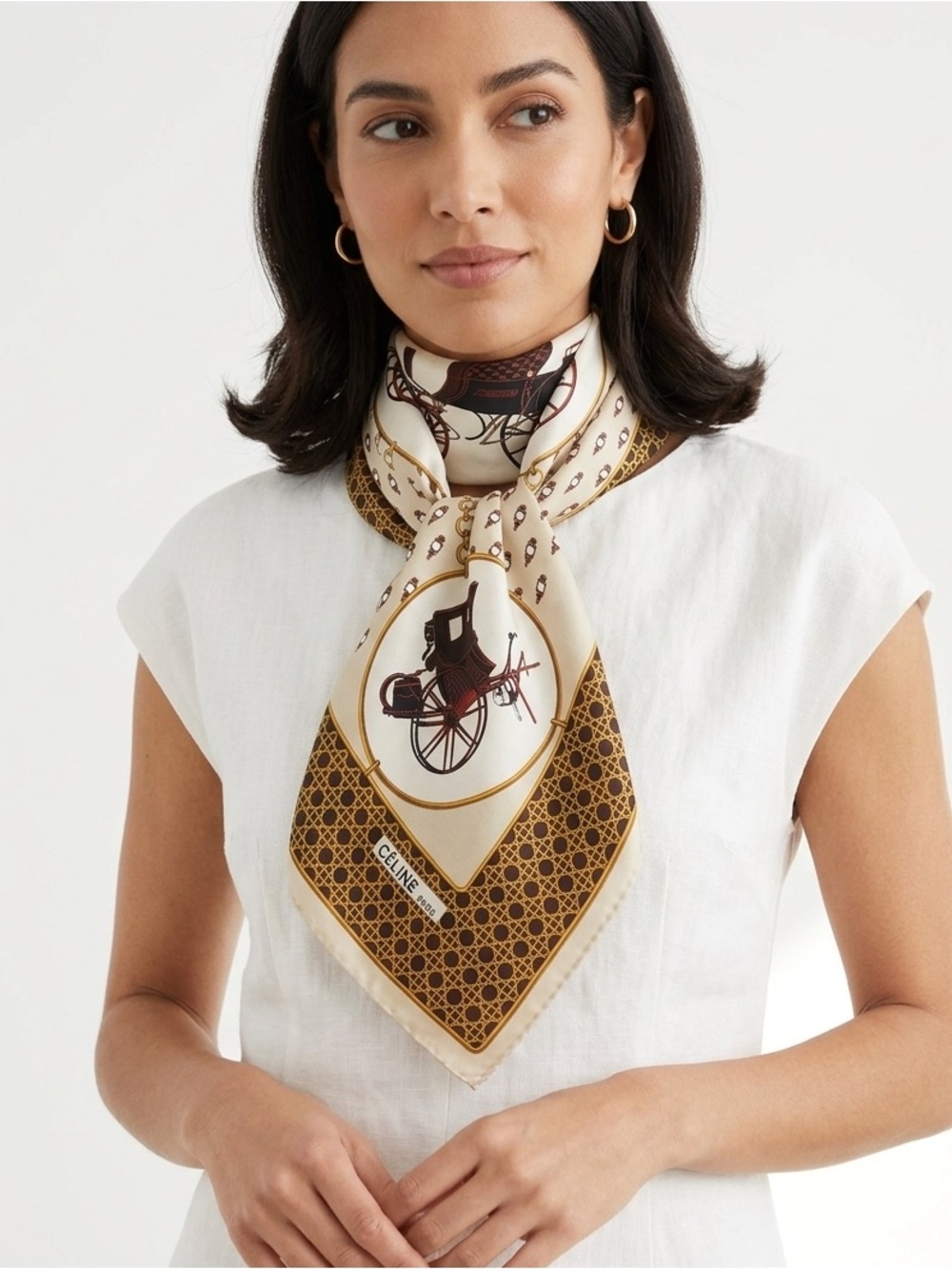 Céline Vintage Carriage Print Silk Scarf - Cream & Gold Authentic